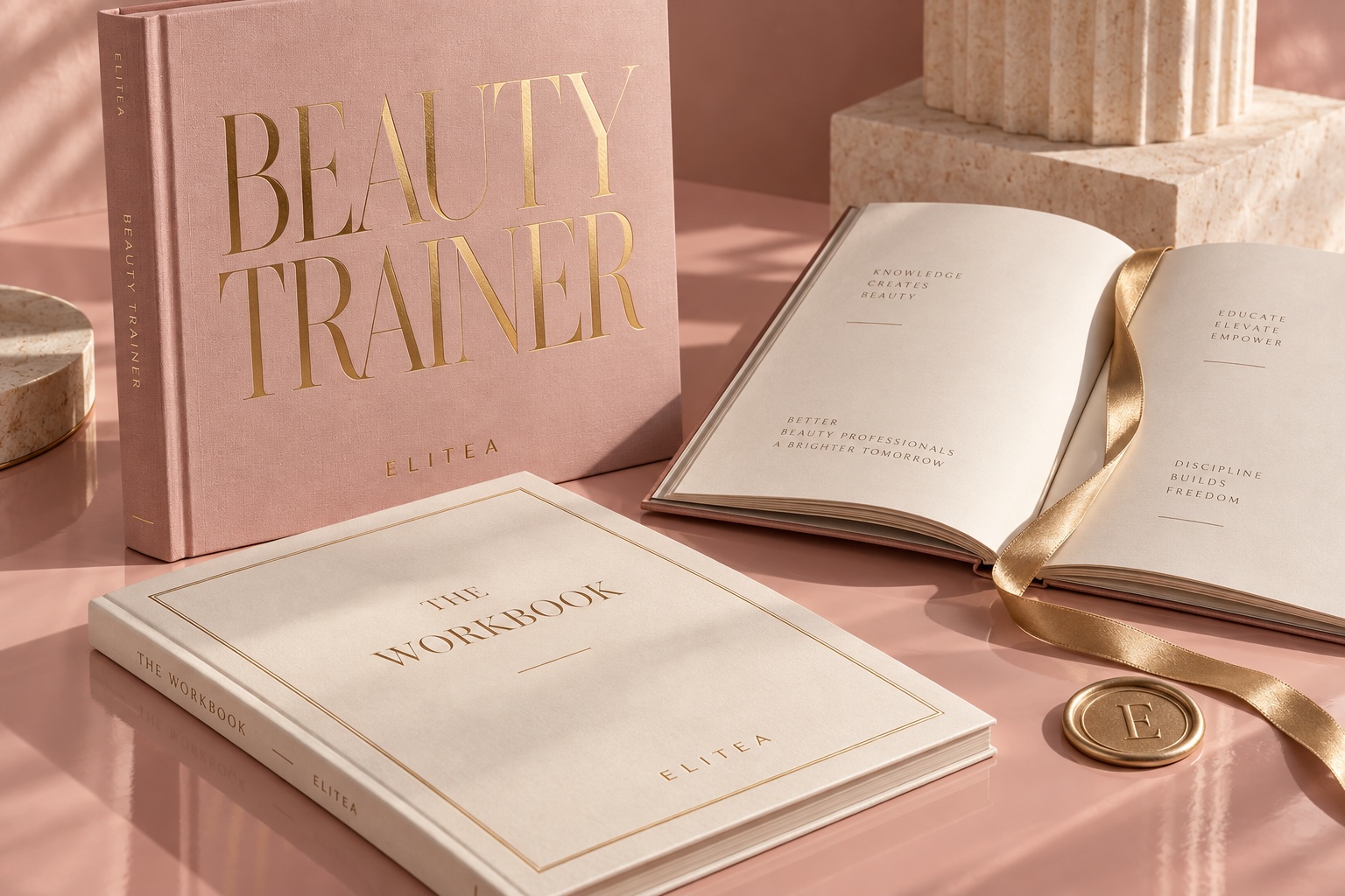 Vizuální koncept materiálů ELITEA: růžová kniha Beauty Trainer a ivory workbook se zlatou ražbou