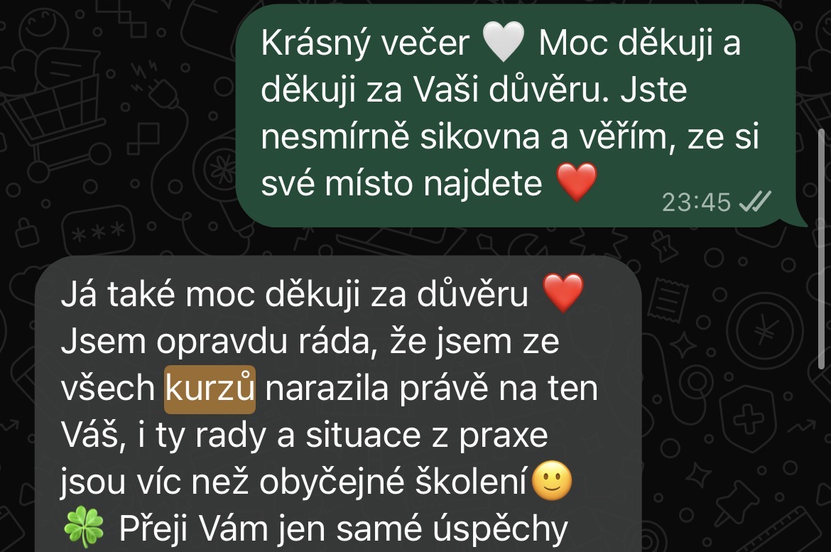 Původní anonymní zpráva s poděkováním za kurz a rady z praxe.